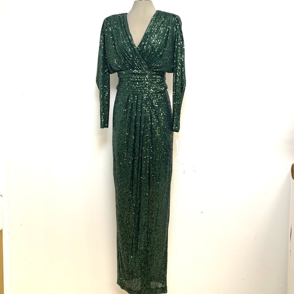 Calvin Klein Elegant Malachite Green Metallic Sequined Long sleeve Maxi Gown